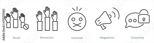 A set of 5 Freedom of Speech icons as revolt, democracy, censored