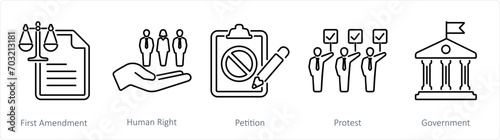 A set of 5 Freedom of Speech icons as first amendment, human right, petition