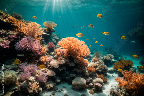 harmony of the sea, underwater landscape, beautiful corals with yellow fish