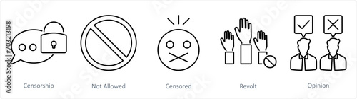 A set of 5 Freedom of Speech icons as censorship, not allowed, censored