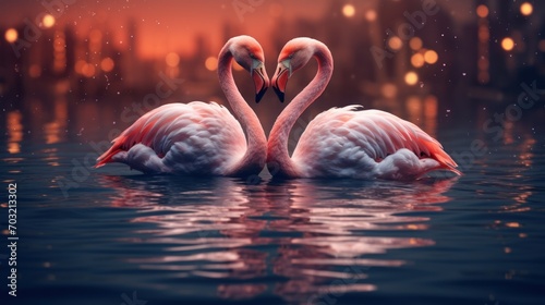 Flamingos form a heart shape with their necks in a romantic sunset