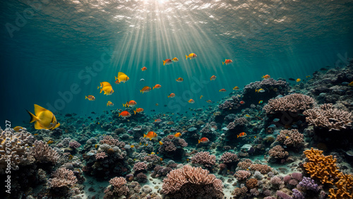 idyll of the sea, underwater landscape, beautiful corals with yellow fish © Stanislau Vyrvich