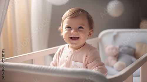 A cute little 1-2 year old baby with blonde hair is standing in a crib and laughing. Happy childhood. Kids's emotions