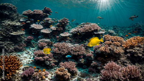 ocean idyll  underwater landscape  beautiful corals with yellow fish