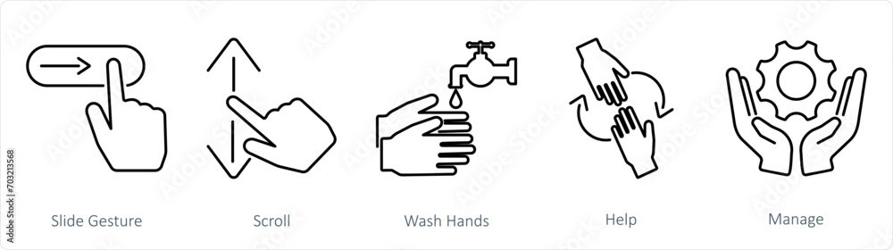A set of 5 Hands icons as slide gestures, scroll, wash hands A set of 5 Hands icons as slide gestures, scroll, wash hands
