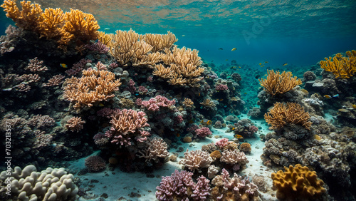 small colorful fish swimming around beautiful corals under the sea