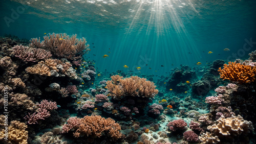 Sun rays in an underwater landscape, beautiful corals