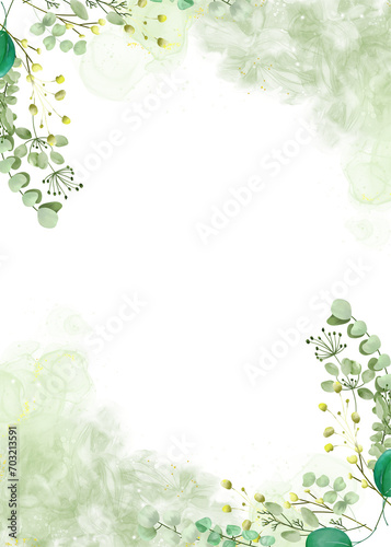 Fototapeta Naklejka Na Ścianę i Meble -  Template Invitation Watercolor leaves illustration set - green eucalyptus leaf branches collection, for wedding invitation, greetings cards, wallpapers, background.
