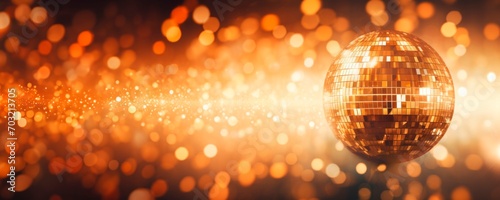 disco ball and lights on a blurred bokeh background, horizontal banner, copy space for text. party and music concept