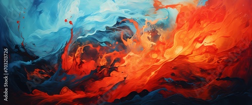 Explosive waves of molten lava red and cool cerulean blue colliding, creating a vivid spectacle of liquid movement on an abstract canvas.
