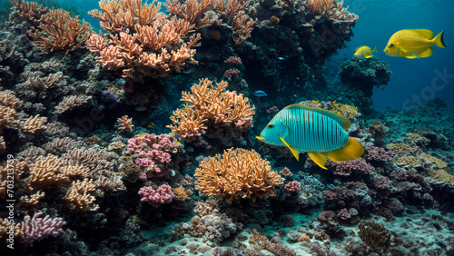 underwater landscape, beautiful corals with yellow and blue fish