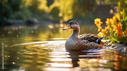 A duck glides on a reflective pond amidst lush greenery at sunset