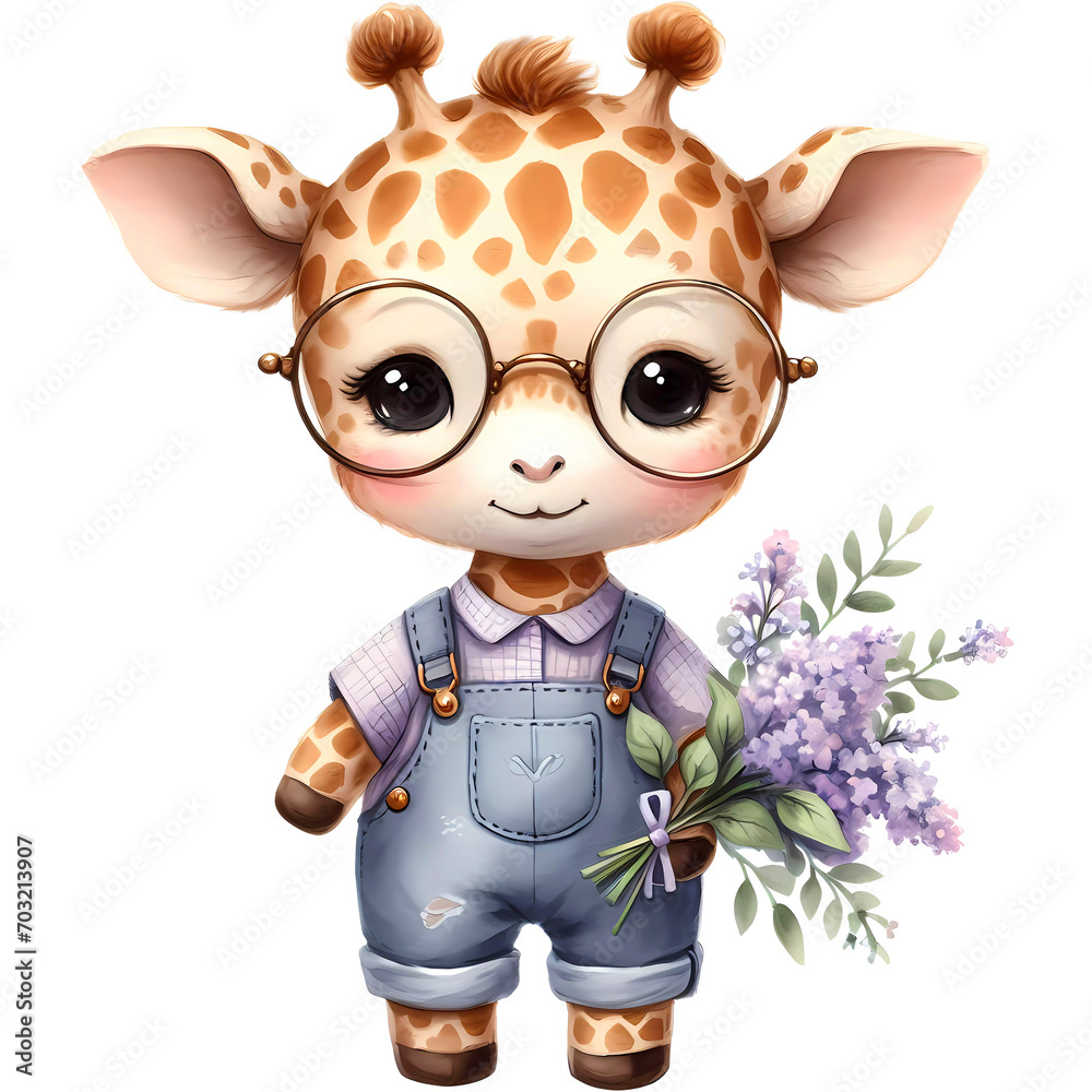 Cute little giraffe with lilac boquet illustration