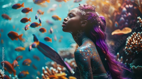 Close up photo of real black mermaid with purple red hair swimming underwater near coral reef with colorful fish, fantasy photo