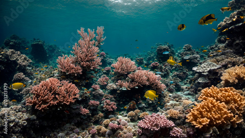 underwater landscape, beautiful corals with yellow fish