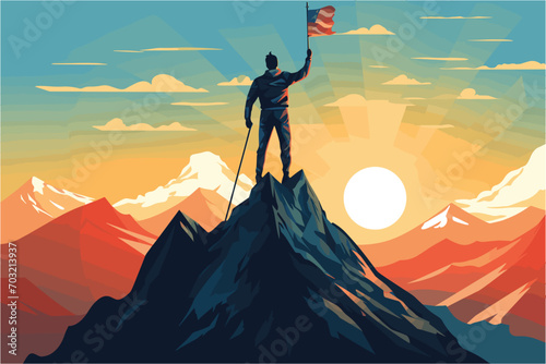 Silhouette of businessman holding flag on the top of mountain, A silhouette of a successful businessman holding a large flag stands on top of a mountain