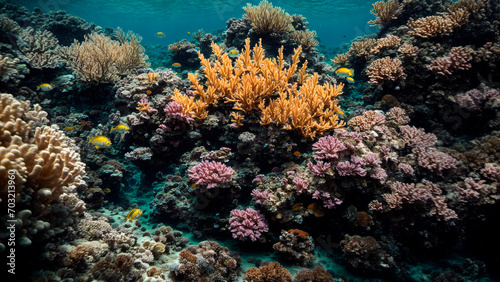 underwater landscape, beautiful multi-colored corals with yellow fish