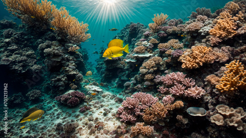 underwater landscape, sun rays, beautiful corals with yellow fish