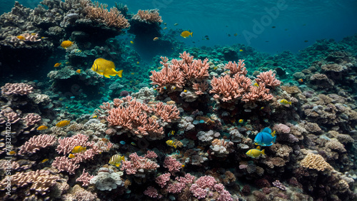 underwater world with corals and tropical fish