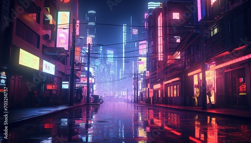 A deserted street in a cyberpunk city with neon lights reflecting off the wet pavement