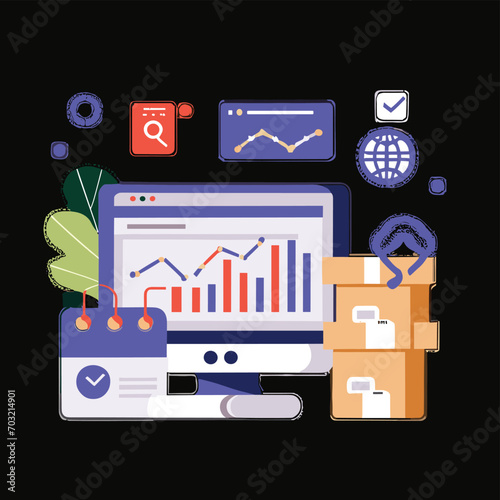2d vector illustration colorful Land and sea transport techniques, methods and technological tools for transporting and shipping goods and products and logistic 
