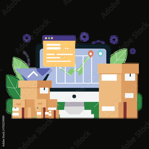 2d vector illustration colorful Land and sea transport techniques, methods and technological tools for transporting and shipping goods and products and logistic 