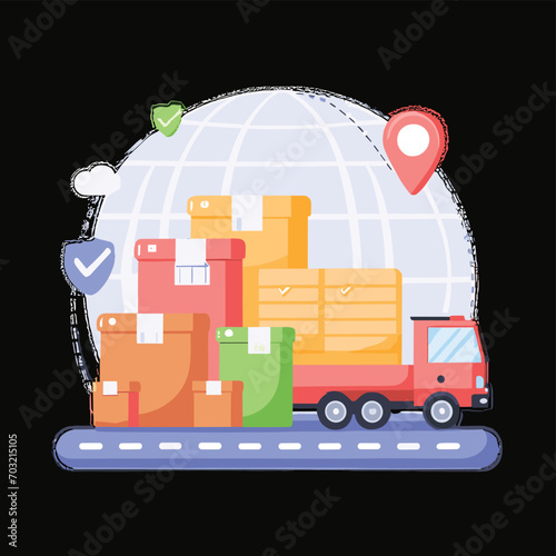 2d vector illustration colorful Land and sea transport techniques, methods and technological tools for transporting and shipping goods and products and logistic 