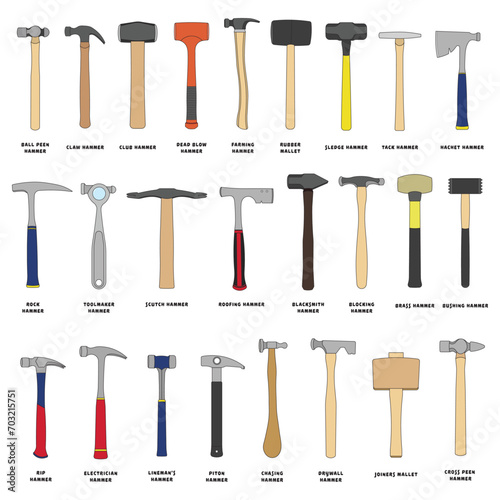 Kids drawing Cartoon Vector illustration Set Different Types Hammer icon Isolated on White Background