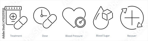 Fotografiet A set of 5 Health Checkup icons as treatment, dose, blood pressure