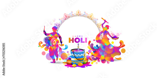 Indian holi festival greeting design. Indian hindu people couple playing with color and Happy holi text.