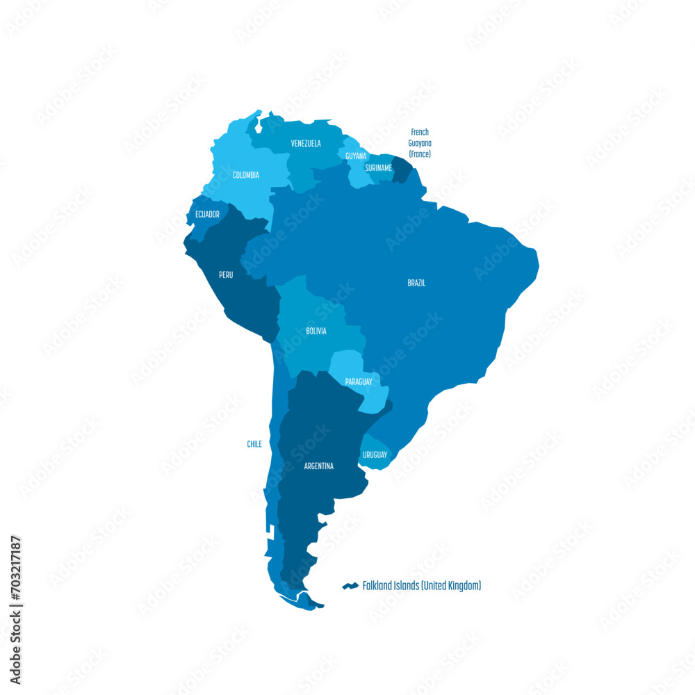 Political map of South America. Blue colored land with country name labels on white background. Ortographic projection. Vector illustration