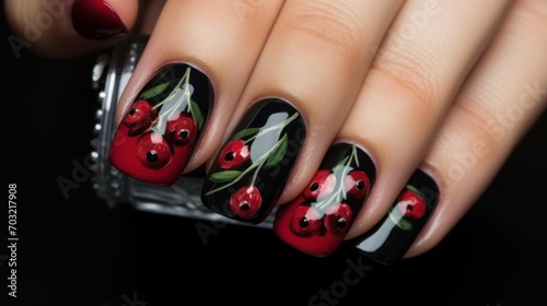 manicure: long nails in the form of almonds in black color with cherries 