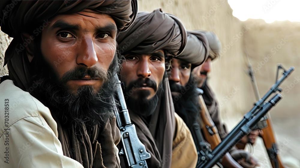 Squad of Islamic warriors with weapons in a desert. Liberators warriors in national costumes of their country. Close-up photo. Squad of Islamic warriors with weapons in a desert. Liberators warriors in national costumes of their country. Close-up photo.