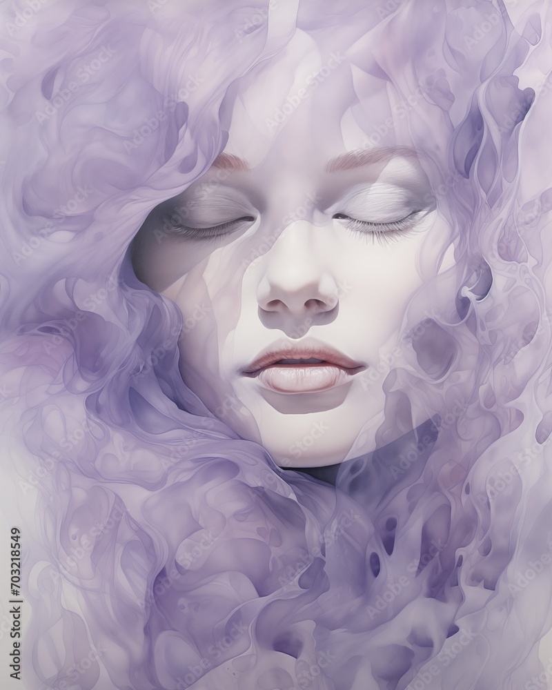 AI generated illustration of a portrait of a young woman in purple watercolor