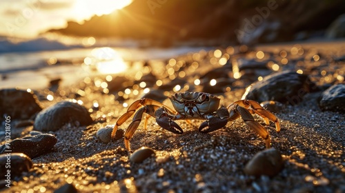 Crab stands alert on a sandy beach at sunset.
