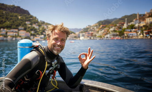 vacation in Italy, a smiling tourist returns from a scuba dive in the Mediterranean, he makes the ok sign. Generative ai