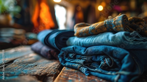 Piles of denim jeans in various shades of blue are neatly stacked. © maniacvector