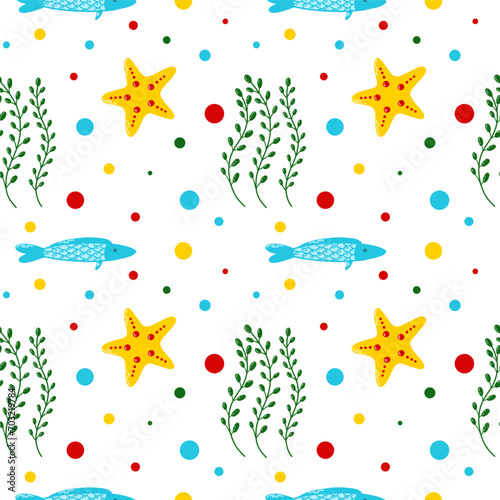 Sea seamless pattern. Seaweed, fish, starfish. Underwater wildlife. Vector illustration.