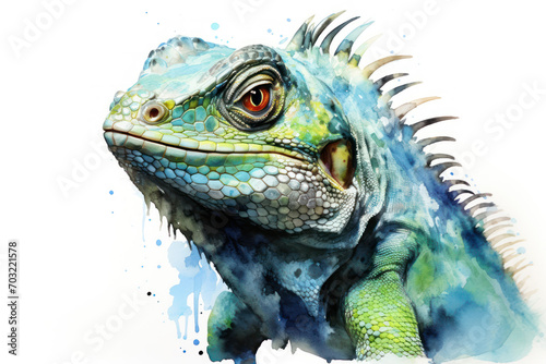 green iguana painting portrait on white background