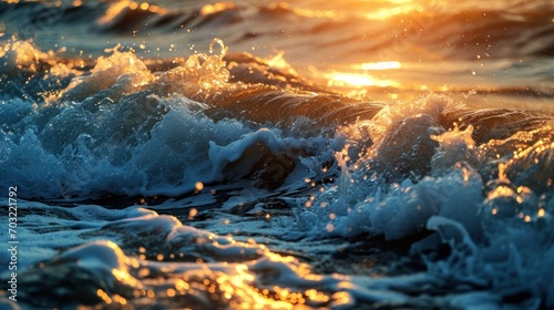 The sun sets over a turbulent sea, casting a golden glow over the dynamic waves