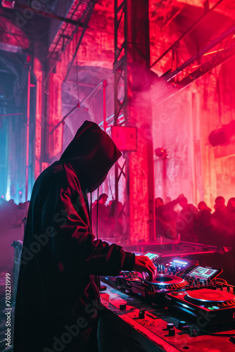 Hooded dj on stage plays techno on cd turntables to huge dancing crowd in abandoned factory with red neon lights and led lights rave raving sound system