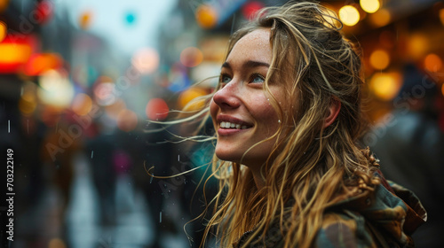 Imagine a bustling urban scene where a young smiling caucasian blonde European woman model strikes a spontaneous pose amidst the blur of city life