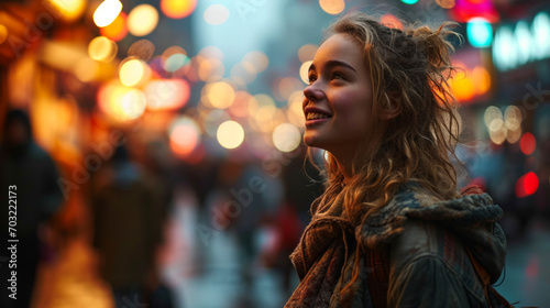Imagine a bustling urban scene where a young smiling caucasian blonde European woman model strikes a spontaneous pose amidst the blur of city life © Keitma