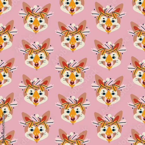 Cute colorful seamless pattern  background  fox header. Vector illustration  design