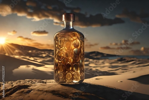 premium liquor decanter , precious ornamented bottle of whisky in the scottish loch