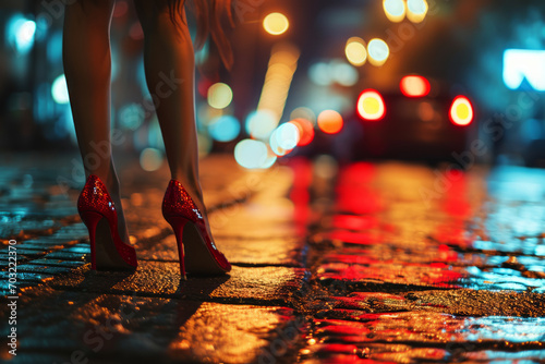 Legs of a beautiful girl wearing red high heels at night and sign glowing photo