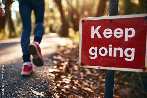 Fototapeta Keep going concept image with red Keep going sign and legs of a runner doing jogging in a park