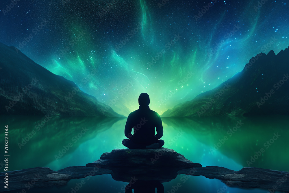 Silhouette of a Person Meditating in Tranquility Under the Northern Lights, Reflecting Off a Calm Mountain Lake