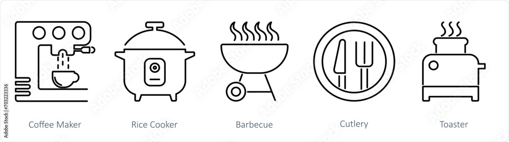 A set of 5 Home Appliance icons as coffee maker, rice cooker, barbecue A set of 5 Home Appliance icons as coffee maker, rice cooker, barbecue