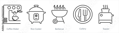 A set of 5 Home Appliance icons as coffee maker, rice cooker, barbecue